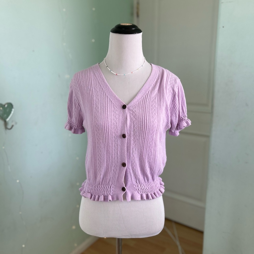Korean Lavender Cable Knit Button-Down Cardigan Top with Puff Sleeves - Picture 4 of 5